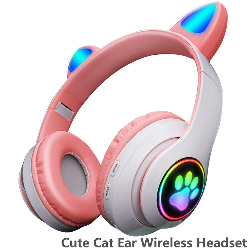 Pink Cute Cat Ears Wireless Headphone Bluetooth-compatible Headset Stereo Foldable Earphone with Microphone Music Kid Girl Gift