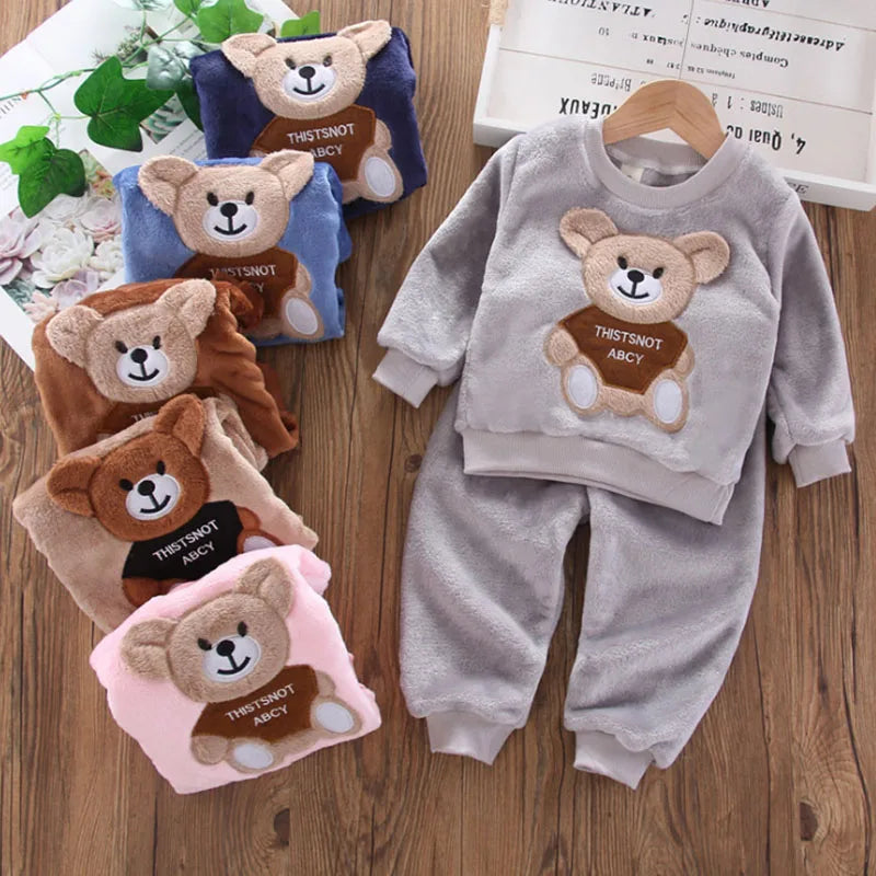 New Winter Baby Girls Boys Homewear Sets Autumn Fashion Flannel Fleece Clothes Kids Cartoon Bear Sleepwear Children Pajamas