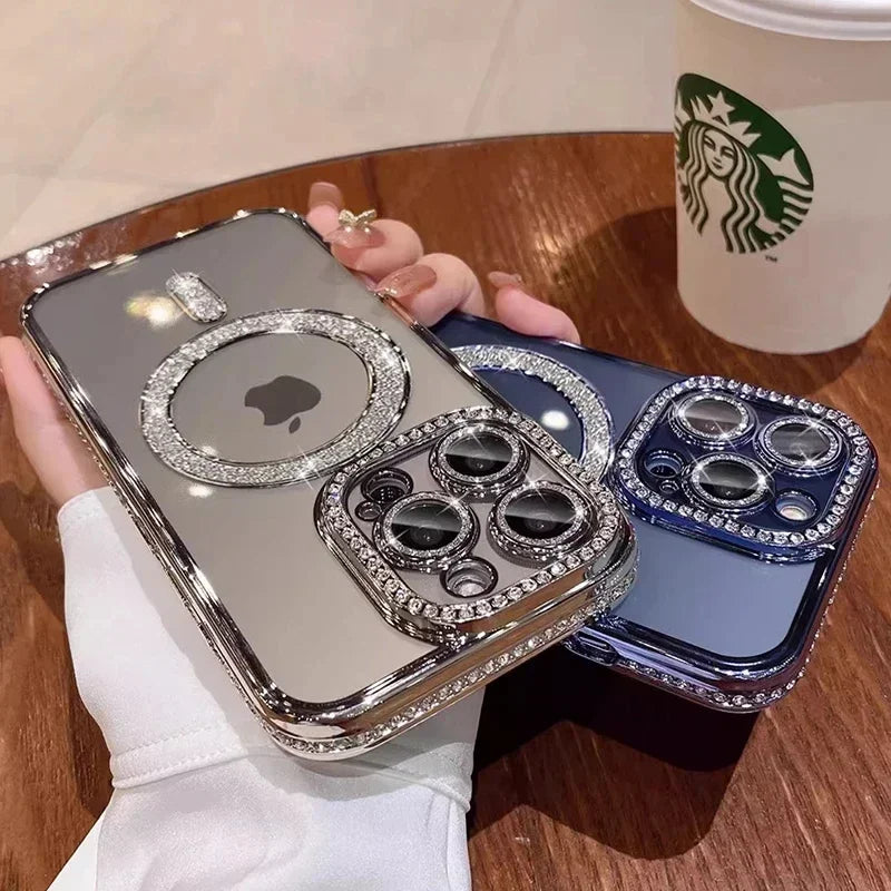 Clear Bling Crystal Phone Case For iPhone 15 14 11 12 13 Pro Max Plus For Magsafe Magnetic Wireless Charging Lens Film Cover