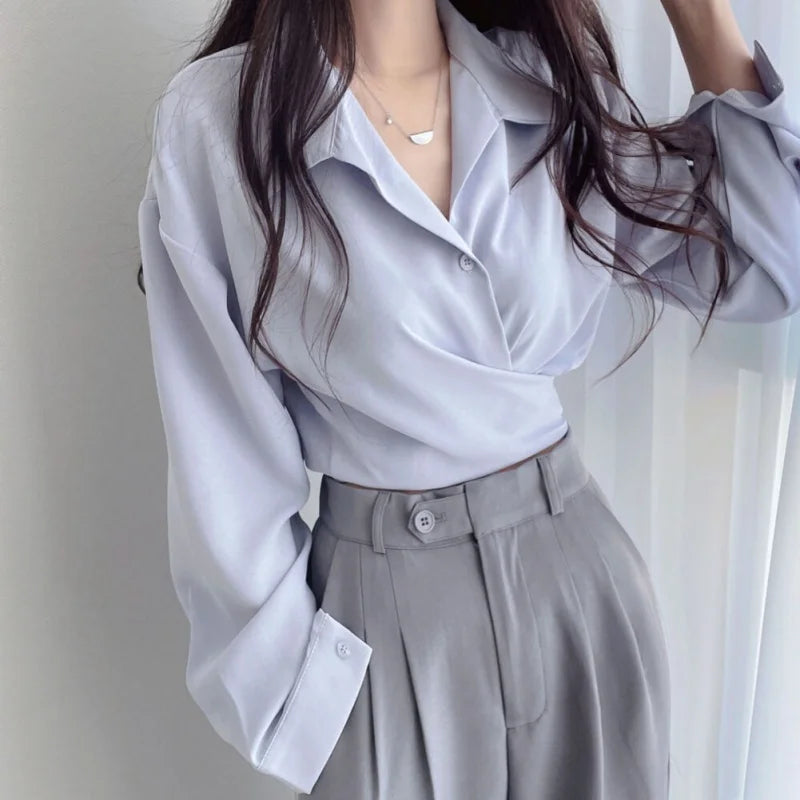 Women Chiffon Shirt Back Tie Bowknot Waist Closing Unique Chic Short Small Tops Female Blouses Clothing