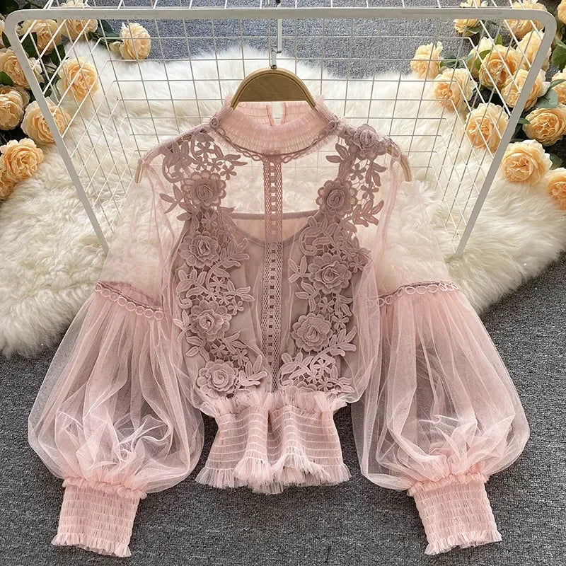 lace puff long sleeve blouse vintage fashion blouses elegant femme blusas korean woman tops women shirts clothing dropshipping