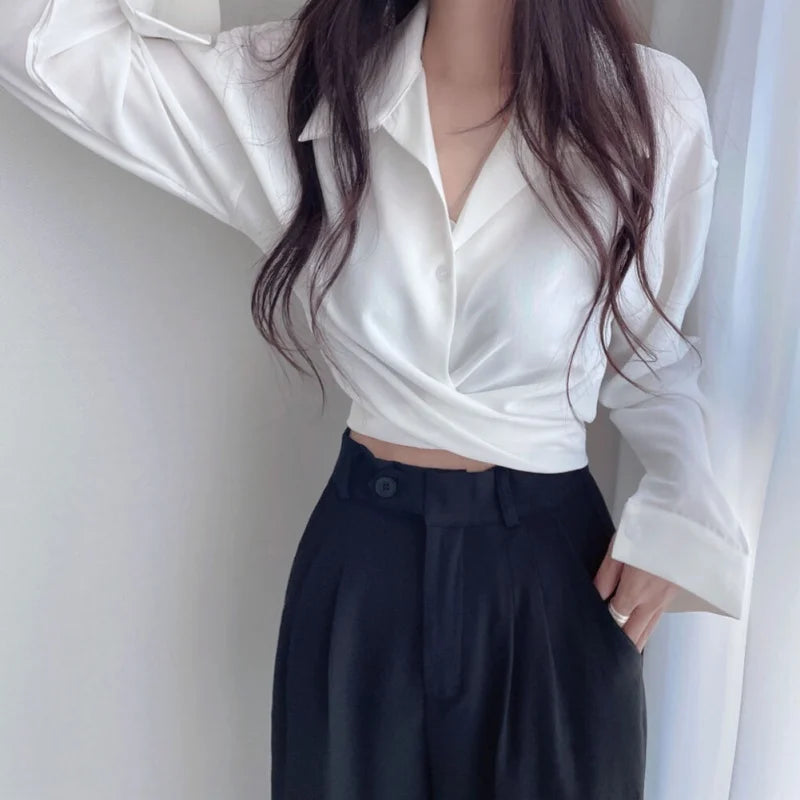 Women Chiffon Shirt Back Tie Bowknot Waist Closing Unique Chic Short Small Tops Female Blouses Clothing