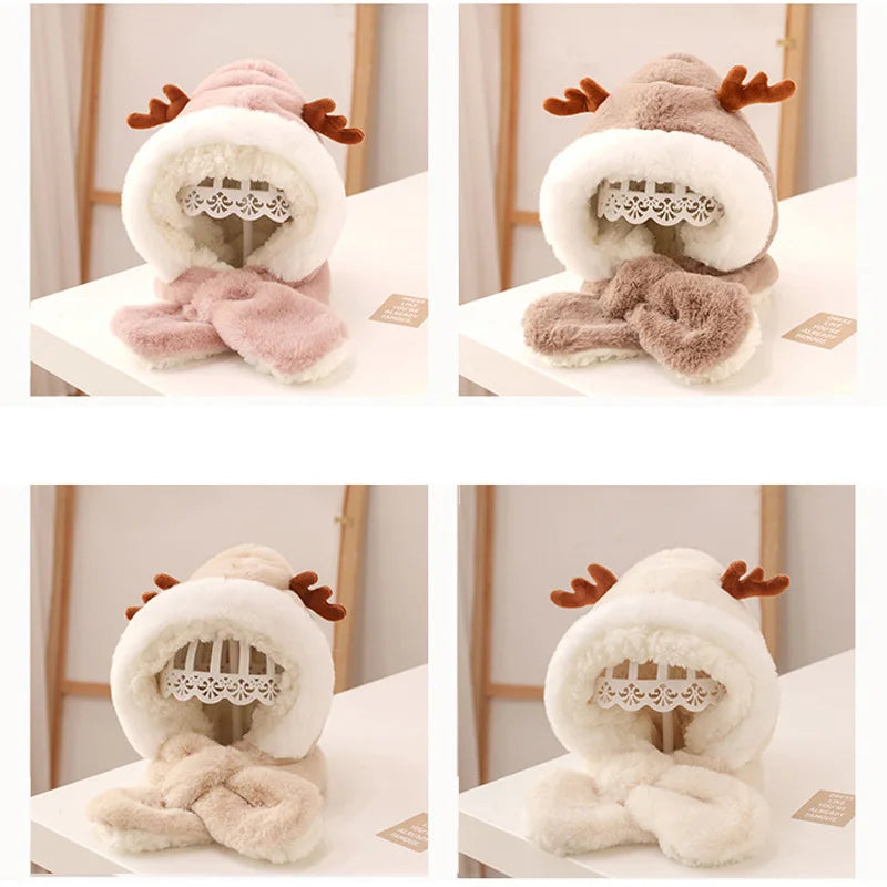 Winter Baby Hat Scarf One-Piece Faux Fur Baby Bonnet Infant Cap Kids Hats for Girls Boys Ears Neck Warmer Children Beanie 6-30M