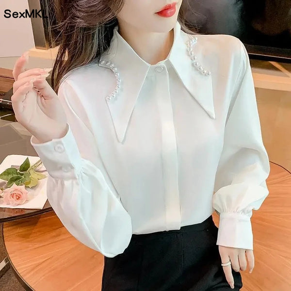 Elegant White Chiffon Shirts Women Lantern Sleeve Korean Style Office Blouses Autumn Winter Beading Black Sexy Ladies Tops Y2k