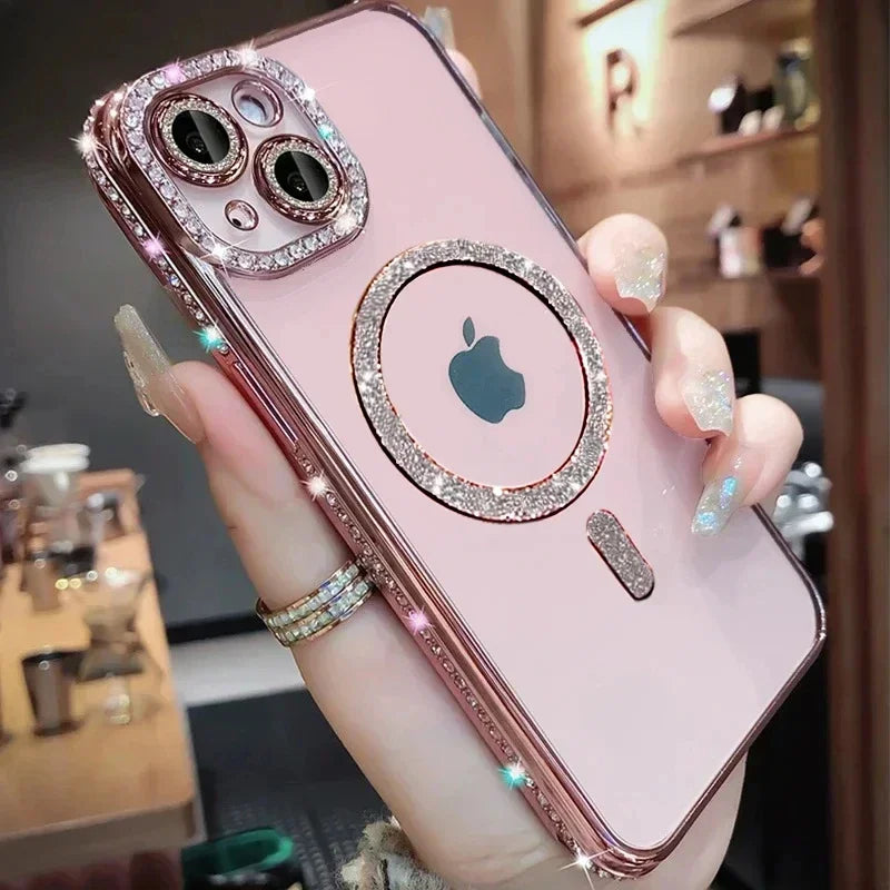 Clear Bling Crystal Phone Case For iPhone 15 14 11 12 13 Pro Max Plus For Magsafe Magnetic Wireless Charging Lens Film Cover