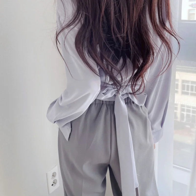 Women Chiffon Shirt Back Tie Bowknot Waist Closing Unique Chic Short Small Tops Female Blouses Clothing