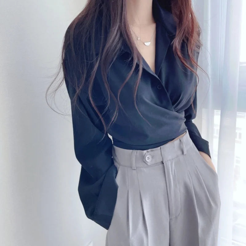 Women Chiffon Shirt Back Tie Bowknot Waist Closing Unique Chic Short Small Tops Female Blouses Clothing