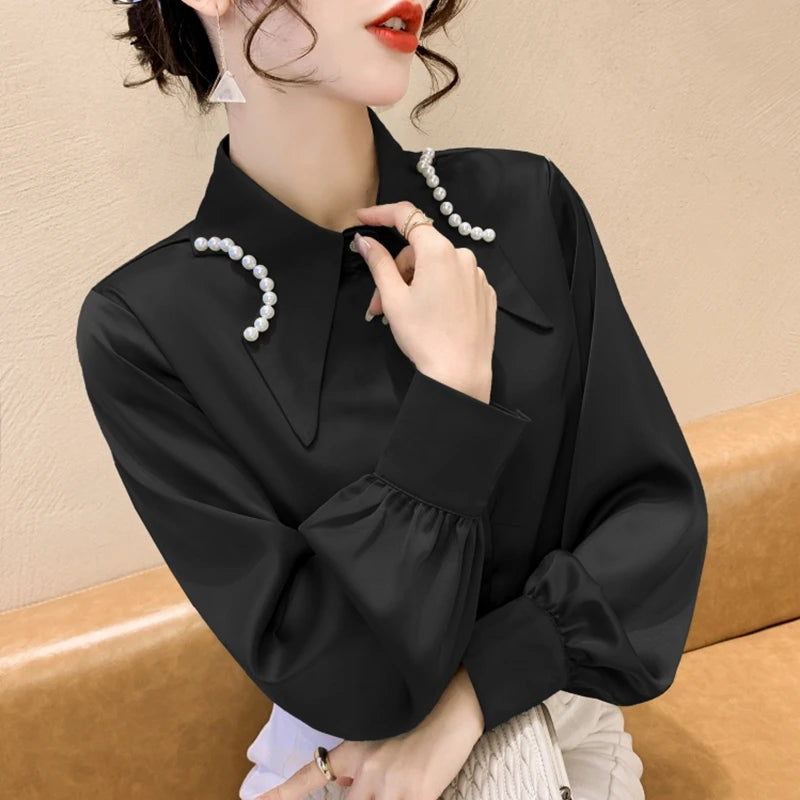 Elegant White Chiffon Shirts Women Lantern Sleeve Korean Style Office Blouses Autumn Winter Beading Black Sexy Ladies Tops Y2k