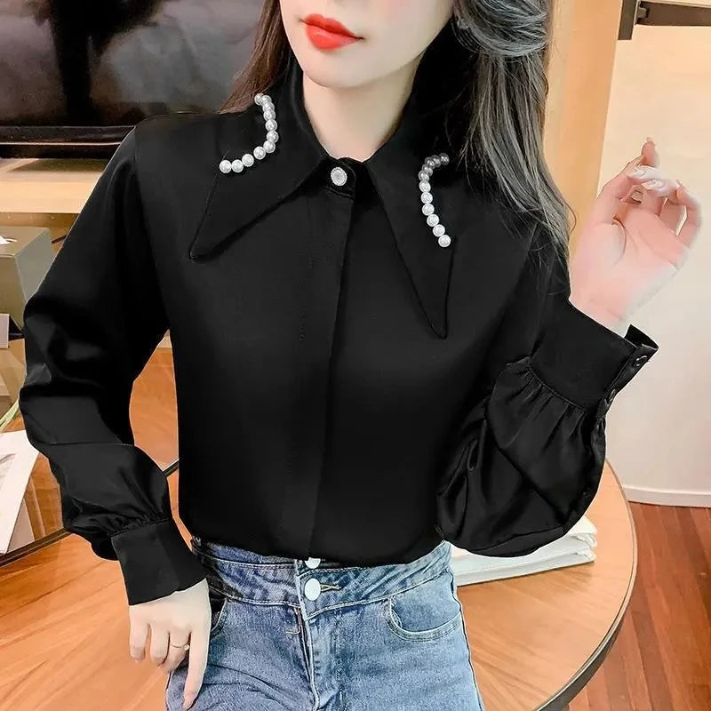 Elegant White Chiffon Shirts Women Lantern Sleeve Korean Style Office Blouses Autumn Winter Beading Black Sexy Ladies Tops Y2k