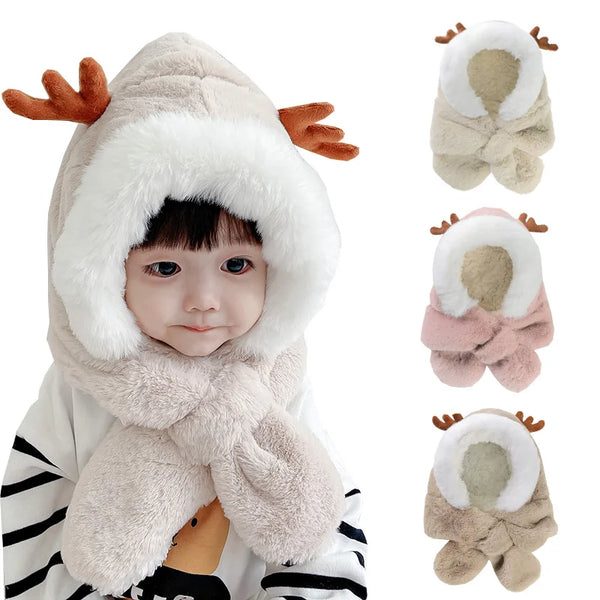 Winter Baby Hat Scarf One-Piece Faux Fur Baby Bonnet Infant Cap Kids Hats for Girls Boys Ears Neck Warmer Children Beanie 6-30M