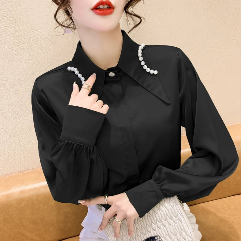 Elegant White Chiffon Shirts Women Lantern Sleeve Korean Style Office Blouses Autumn Winter Beading Black Sexy Ladies Tops Y2k