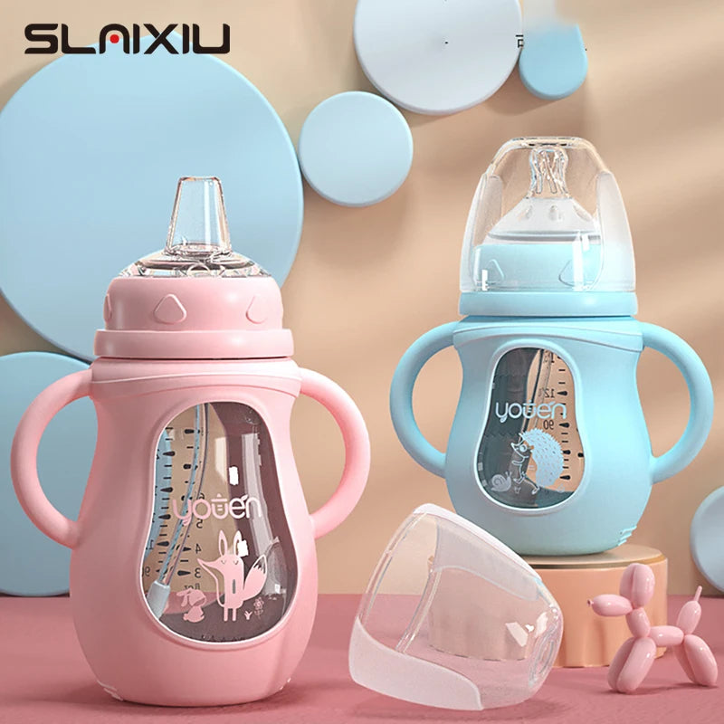 Glass Baby Bottle with Straw Wide Mouth Glass Silicone Handle Shatter Resistant and Autoclavable BPA Free