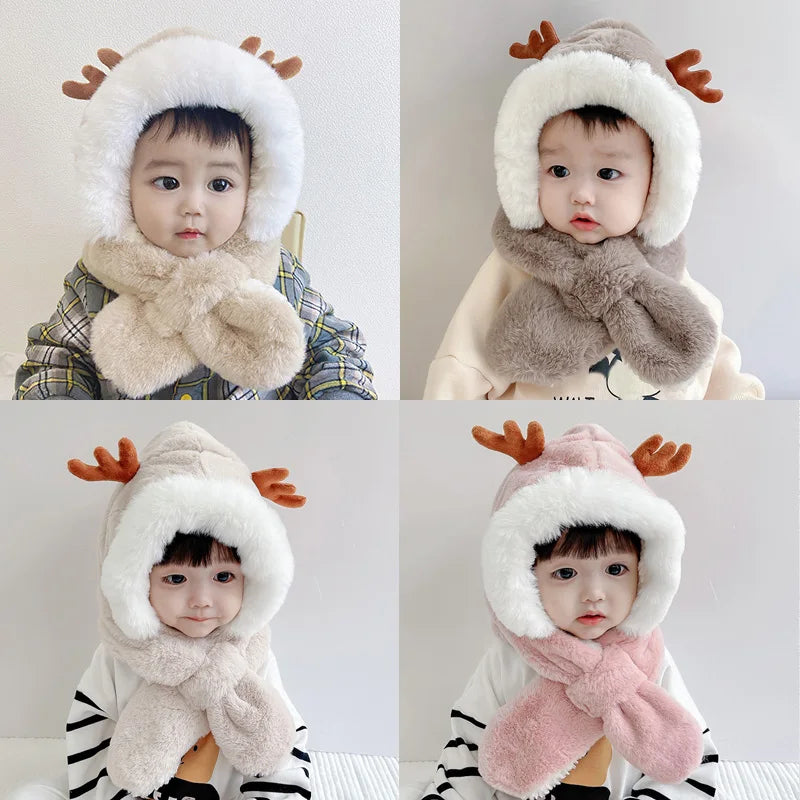 Winter Baby Hat Scarf One-Piece Faux Fur Baby Bonnet Infant Cap Kids Hats for Girls Boys Ears Neck Warmer Children Beanie 6-30M