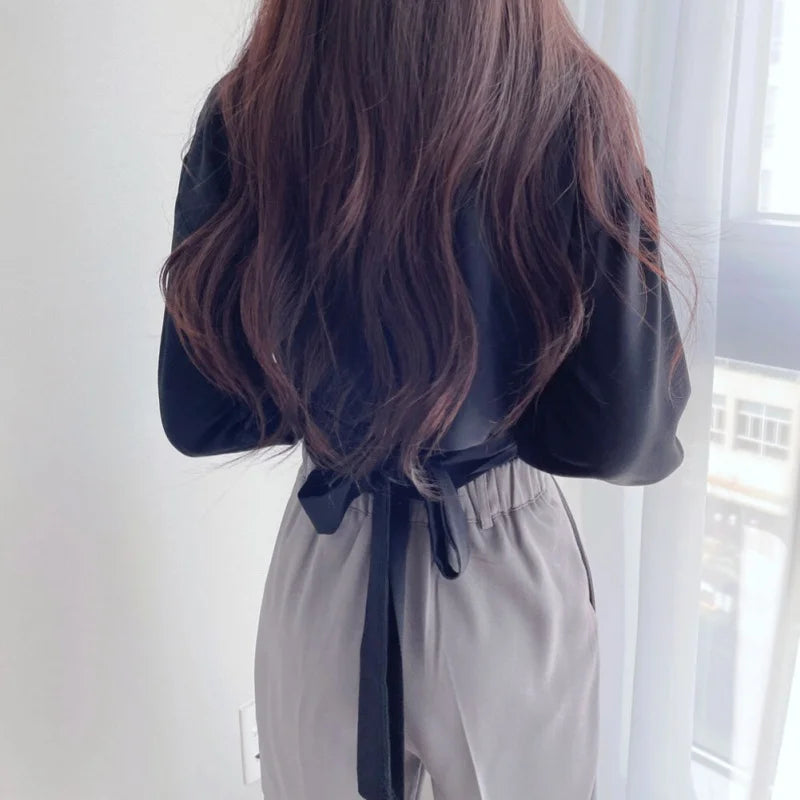 Women Chiffon Shirt Back Tie Bowknot Waist Closing Unique Chic Short Small Tops Female Blouses Clothing