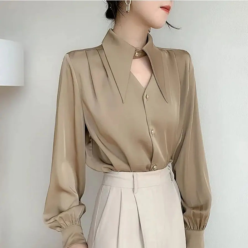 Women's Satin Shirt Spring Autumn Korean Temperament Long-sleeved Button-down Shirts Office Lady Work Wear Female Blouses Top