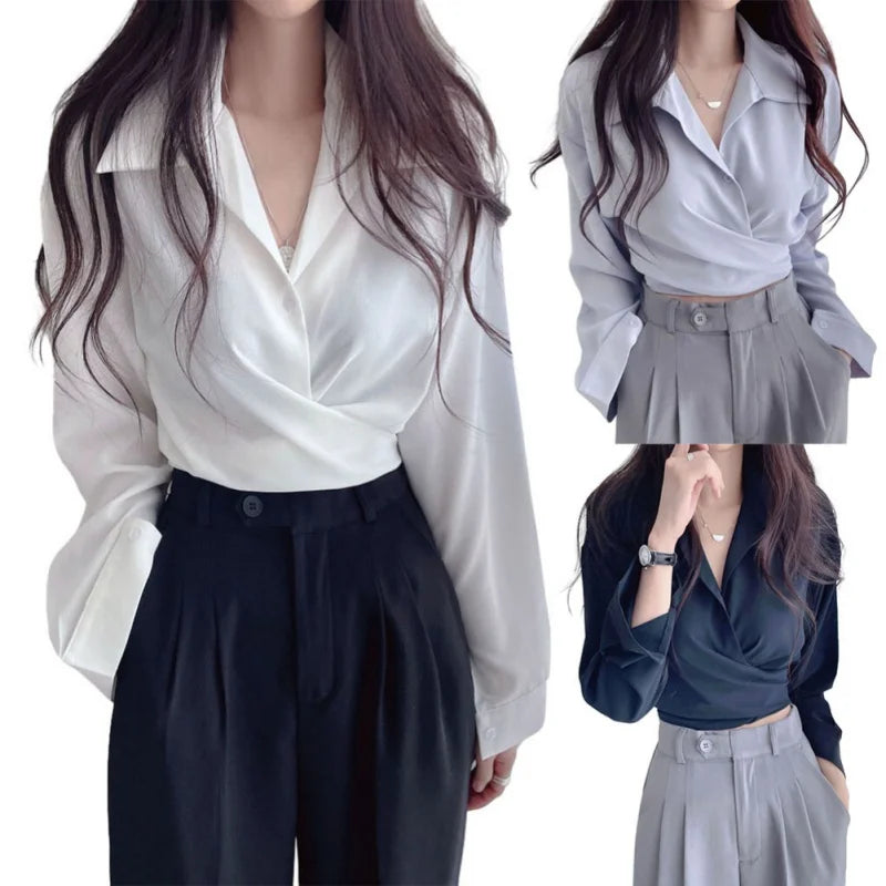 Women Chiffon Shirt Back Tie Bowknot Waist Closing Unique Chic Short Small Tops Female Blouses Clothing