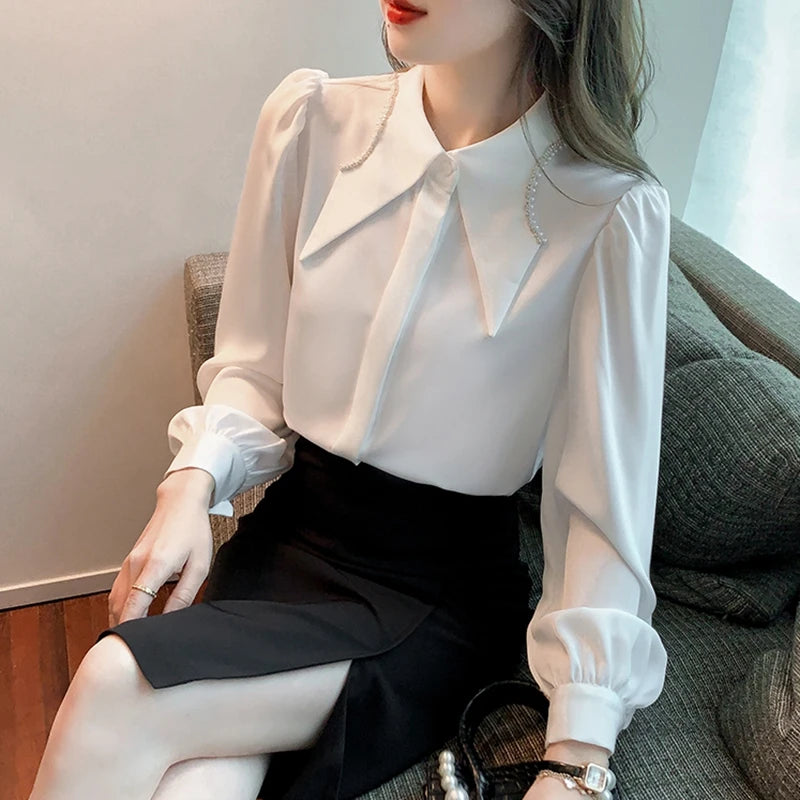 Elegant White Chiffon Shirts Women Lantern Sleeve Korean Style Office Blouses Autumn Winter Beading Black Sexy Ladies Tops Y2k