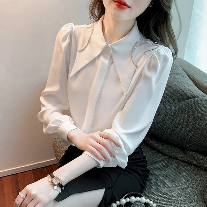 Elegant White Chiffon Shirts Women Lantern Sleeve Korean Style Office Blouses Autumn Winter Beading Black Sexy Ladies Tops Y2k